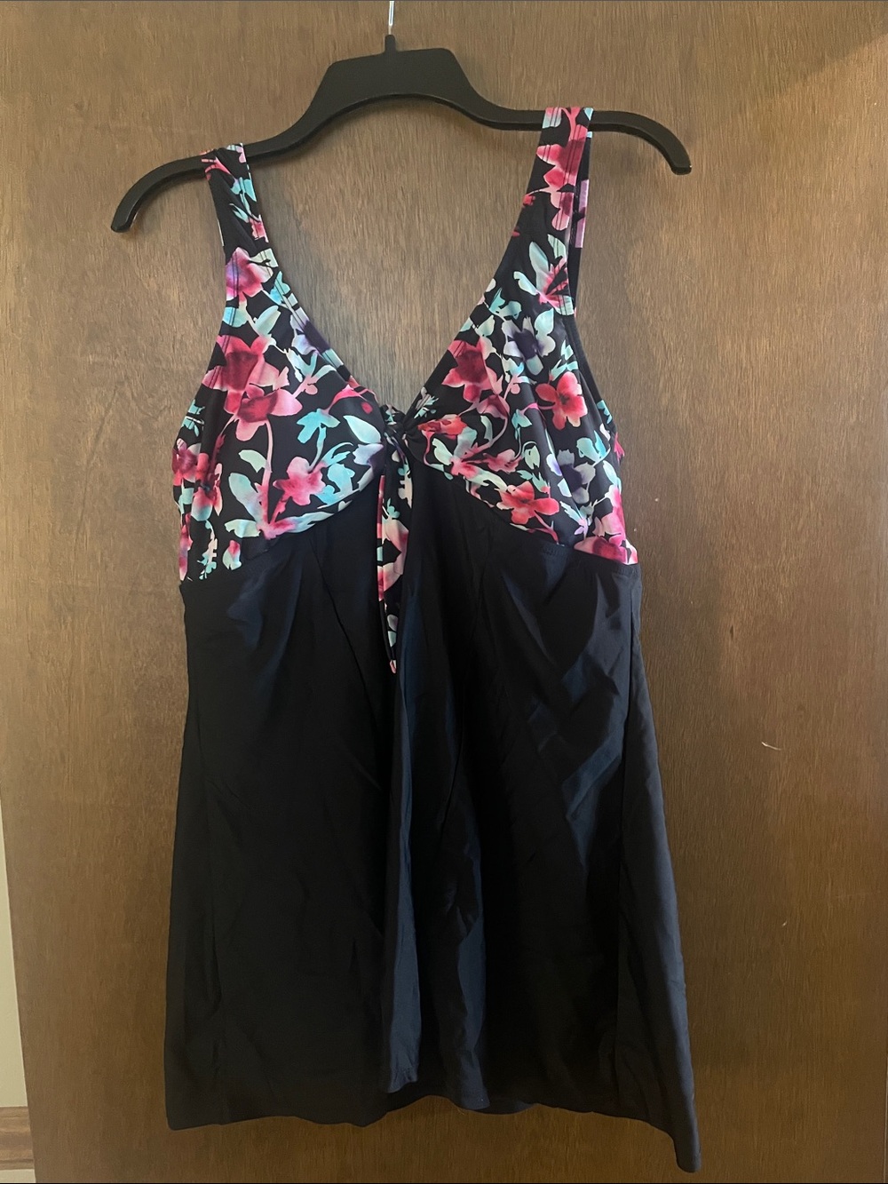 Swimsuits For All Black Tankini Dress with Pink & Aqua Floral Top